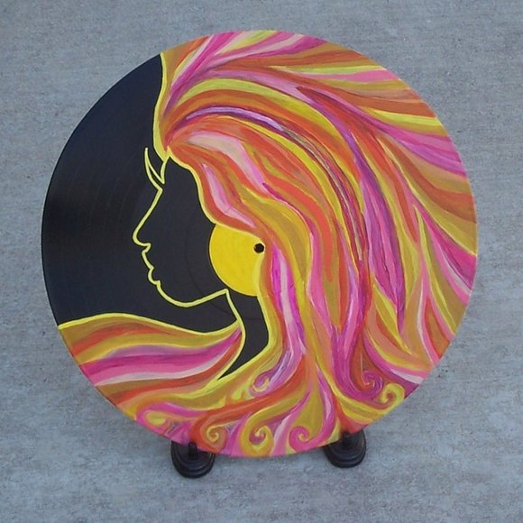 Handmade Painting Of A Woman with Pink Orange Yellow Hair on an old Record